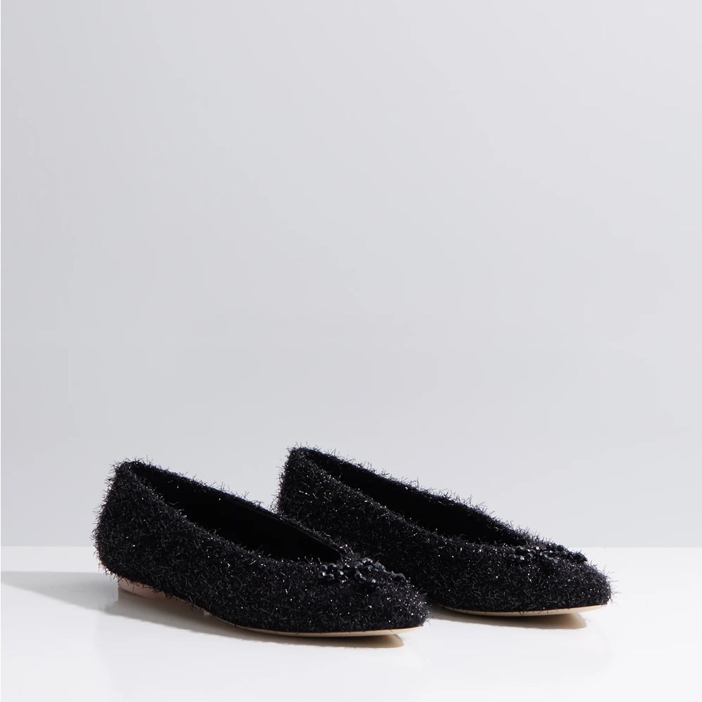 SIMONE ROCHA Beaded Bow Tinsel Flats in Black. Size 40